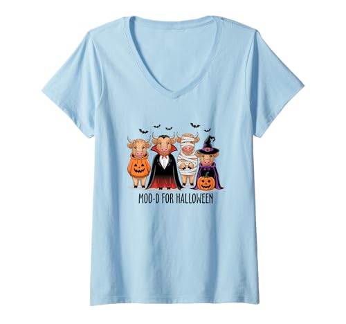 Damen Highland Cow Kostüm Boo Crew Halloween T-Shirt mit V-Ausschnitt von Spooky Festive Highland Cow Halloween Fun