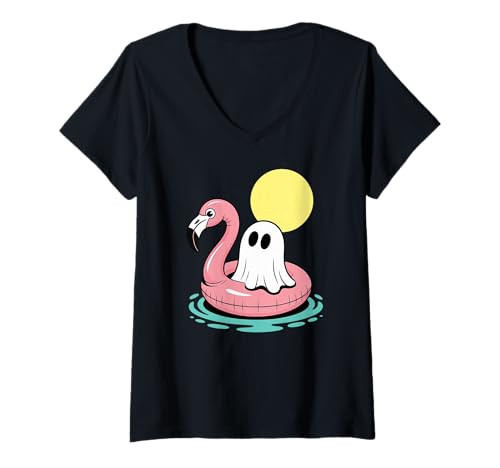 Damen Süßer Geist, der auf Flamingo schwimmt, Pool-Spielzeug T-Shirt mit V-Ausschnitt Damen Süßer Geist, der auf Flamingo schwimmt, Pool-Spielzeug T-Shirt mit V-Ausschnitt von Spooky Float Co