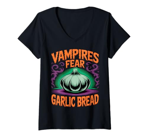 Damen Vampire Fear Knoblauchbrot Lustiges Halloween T-Shirt mit V-Ausschnitt Damen Vampire Fear Knoblauchbrot Lustiges Halloween T-Shirt mit V-Ausschnitt von Spooky Foodie Halloween Tees