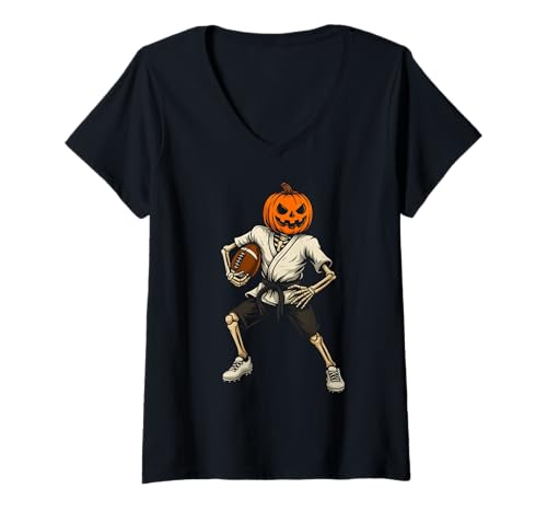 Damen Lustiger Kürbis Fußball Skelett Halloween Sport Fans T-Shirt mit V-Ausschnitt Damen Lustiger Kürbis Fußball Skelett Halloween Sport Fans T-Shirt mit V-Ausschnitt von Spooky Football Karate Fall Costume