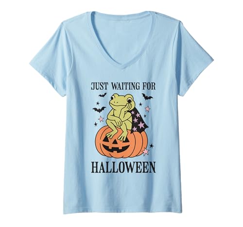 Damen Lustiger Frosch, der auf Kürbis sitzt, wartet nur auf Halloween T-Shirt mit V-Ausschnitt von Spooky Frog Halloween Club Funny Costume Apparel