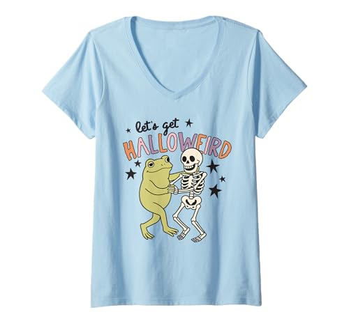 Damen Lustiger Halloween-Frosch- und Skelett-Tanzspaß T-Shirt mit V-Ausschnitt von Spooky Frog Halloween Club Funny Costume Apparel