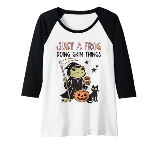 Damen Lustiger Sensenmann Frosch Halloween Kürbis Schwarze Katze Kaffee Raglan von Spooky Frog Halloween Club Funny Costume Apparel