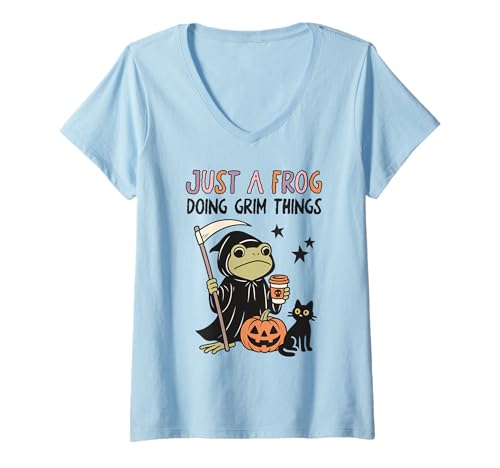 Damen Lustiger Sensenmann Frosch Halloween Kürbis Schwarze Katze Kaffee T-Shirt mit V-Ausschnitt von Spooky Frog Halloween Club Funny Costume Apparel