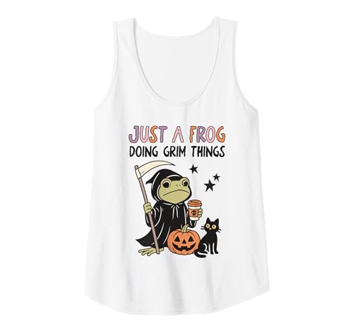 Damen Lustiger Sensenmann Frosch Halloween Kürbis Schwarze Katze Kaffee Tank Top von Spooky Frog Halloween Club Funny Costume Apparel