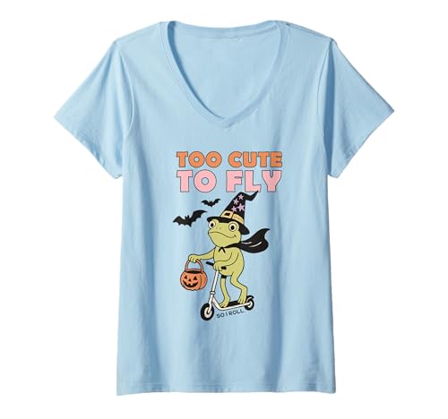 Damen Too Cute to Fly Halloween Frosch Hexe Roller Thru Gogo Funny T-Shirt mit V-Ausschnitt von Spooky Frog Halloween Club Funny Costume Apparel