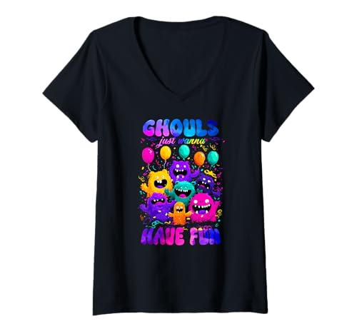 Damen Ghouls just Wanna Have Fun T-Shirt mit V-Ausschnitt Damen Ghouls just Wanna Have Fun T-Shirt mit V-Ausschnitt von Spooky Fun Ghouls Wanna Tiny Halloween
