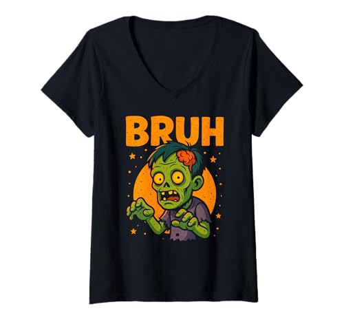 Damen Bruh Zombie, Jungen Mädchen Kinder Halloween T-Shirt mit V-Ausschnitt von Spooky Fun Halloween Stuff For Kids