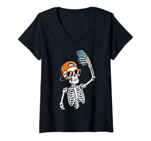 Damen Halloween Skelett Selfie Kostüm T-Shirt mit V-Ausschnitt von Spooky Funny Creepy Skeleton Costume for Halloween