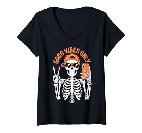 Damen Lustiges Halloween-Skelett-Selfie-Kostüm T-Shirt mit V-Ausschnitt Damen Lustiges Halloween-Skelett-Selfie-Kostüm T-Shirt mit V-Ausschnitt von Spooky Funny Creepy Skeleton Costume for Halloween