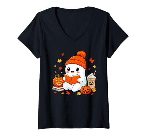 Damen Geisterlesebücher, Halloween-Lehrer, Bibliothekar, Buchliebhaber T-Shirt mit V-Ausschnitt von Spooky Funny Cute Bookish Ghost Bookworm Library