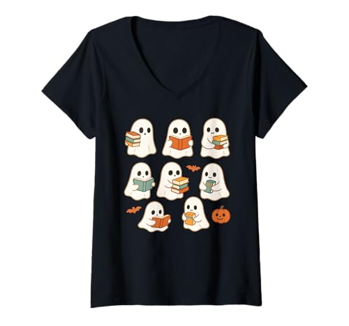 Damen Ghost Reading Books Buchliebhaber Halloween-Lehrer Bibliothekar T-Shirt mit V-Ausschnitt Damen Ghost Reading Books Buchliebhaber Halloween-Lehrer Bibliothekar T-Shirt mit V-Ausschnitt von Spooky Funny Cute Bookish Ghost Bookworm Library