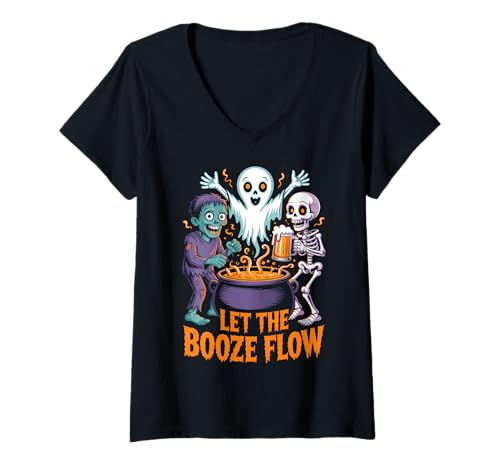 Damen Lustiger Halloween-Zombie-Geister-Skelett-Biersack T-Shirt mit V-Ausschnitt von Spooky Funny Drinking Party Halloween Costumes