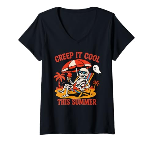 Damen Creep It Cool Skelett Sommer Halloween Strand T-Shirt mit V-Ausschnitt von Spooky Funny Summer Vacation Men Women Kids