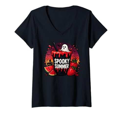 Damen Gruseliges Sommergetränk, lustiger Geist, Halloween-Vibes T-Shirt mit V-Ausschnitt von Spooky Funny Summer Vacation Men Women Kids