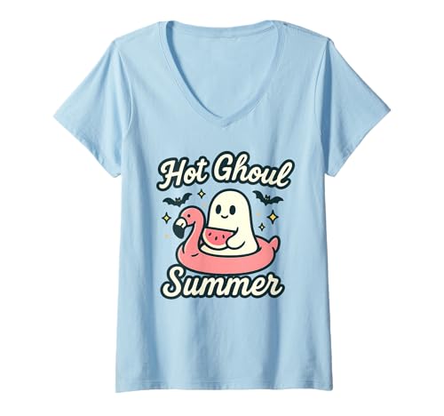 Damen Hot Ghoul Summer Lustiges süßes Geisterpool-Halloween-Strandfeeling T-Shirt mit V-Ausschnitt von Spooky Funny Summer Vacation Men Women Kids