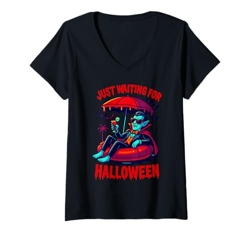 Damen Ich warte nur auf den Halloween-Sommer-Vampire Beach Vibes Pool T-Shirt mit V-Ausschnitt von Spooky Funny Summer Vacation Men Women Kids