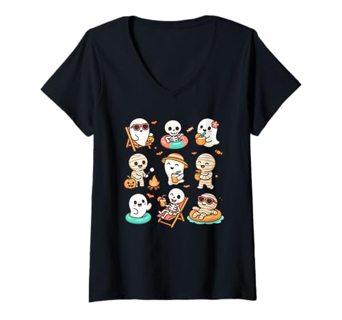 Damen Summer Ghost Skelett Halloween Beach Vibes Party T-Shirt mit V-Ausschnitt von Spooky Funny Summer Vacation Men Women Kids