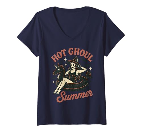 Damen Hot Ghoul Sommer Gruselige Skelett Hexe Halloween Strand Mädchen T-Shirt mit V-Ausschnitt von Spooky Funny Summerween Vacation Men Women Kids