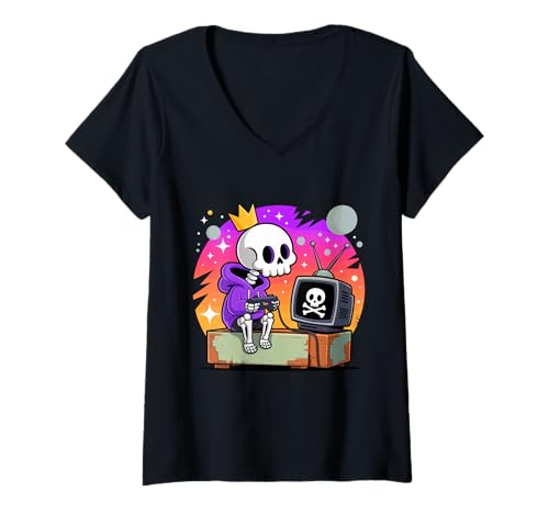 Damen Skelett Gamer Schädel Krone Halloween Grafik T-Shirt mit V-Ausschnitt von Spooky Gamer Squad Apparel