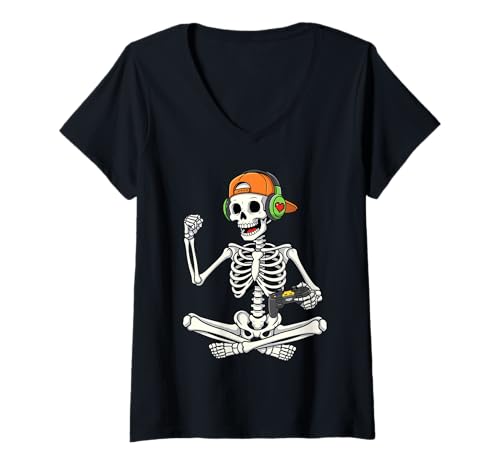 Damen Winning Skeleton Gamer Lustiges Halloween-Videospiel Score Jungen T-Shirt mit V-Ausschnitt Damen Winning Skeleton Gamer Lustiges Halloween-Videospiel Score Jungen T-Shirt mit V-Ausschnitt von Spooky Gamer Victory Co