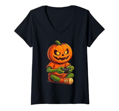 Damen Halloween Gamer Funny Pumpkin Video Gamer T-Shirt mit V-Ausschnitt von Spooky Gamers Halloween Gaming Lovers