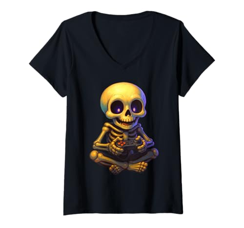 Damen Halloween Ghost Skeleton Gamer Funny Video Gaming Lovers T-Shirt mit V-Ausschnitt Damen Halloween Ghost Skeleton Gamer Funny Video Gaming Lovers T-Shirt mit V-Ausschnitt von Spooky Gamers Halloween