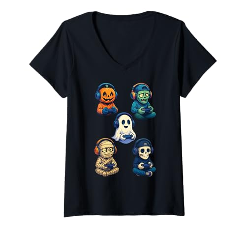 Damen Halloween Ghost Skeleton Gamer Funny Video Gaming Lovers T-Shirt mit V-Ausschnitt Damen Halloween Ghost Skeleton Gamer Funny Video Gaming Lovers T-Shirt mit V-Ausschnitt von Spooky Gamers Halloween