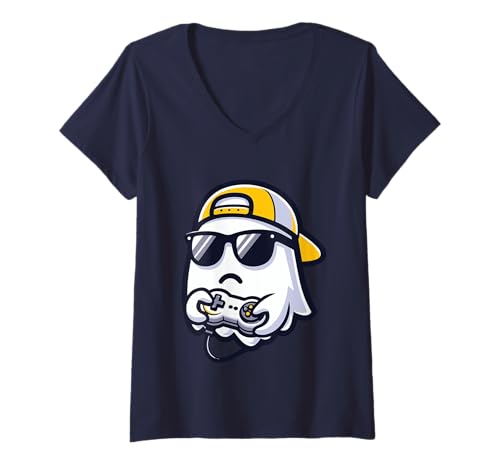 Damen Cool Gamer Ghost - Video Gaming Ghostie mit Controller T-Shirt mit V-Ausschnitt von Spooky Gamers