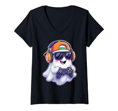 Damen Halloween Ghost Gamer Funny Video Gaming Lovers T-Shirt mit V-Ausschnitt Damen Halloween Ghost Gamer Funny Video Gaming Lovers T-Shirt mit V-Ausschnitt von Spooky Gamers