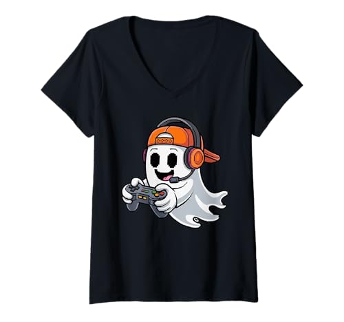 Damen Halloween Ghost Gamer Funny Video Gaming Lovers T-Shirt mit V-Ausschnitt Damen Halloween Ghost Gamer Funny Video Gaming Lovers T-Shirt mit V-Ausschnitt von Spooky Gamers