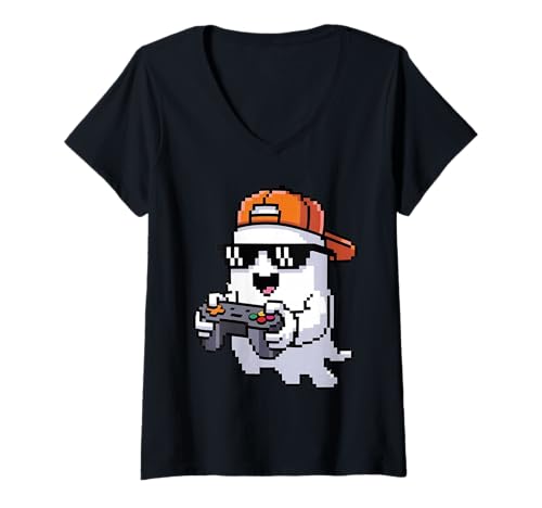 Damen Halloween Ghost Gamer Funny Video Gaming Lovers T-Shirt mit V-Ausschnitt von Spooky Gamers