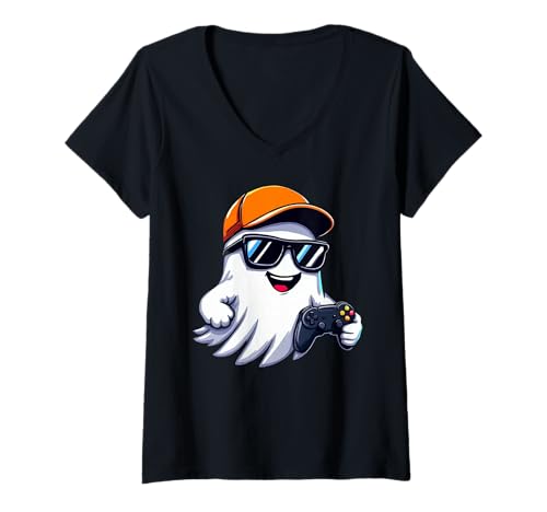 Damen Halloween Ghost Gamer Funny Video Gaming Lovers T-Shirt mit V-Ausschnitt Damen Halloween Ghost Gamer Funny Video Gaming Lovers T-Shirt mit V-Ausschnitt von Spooky Gamers