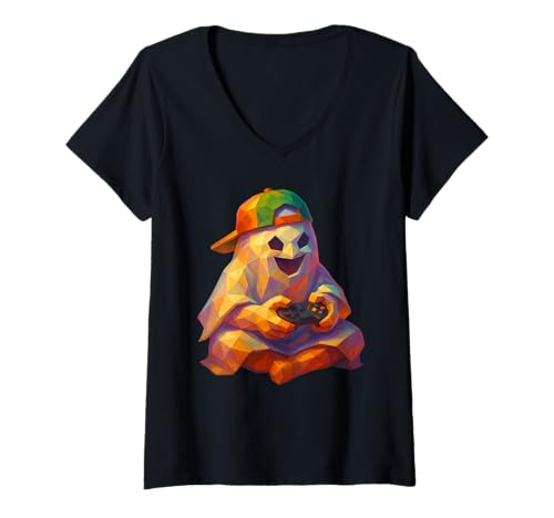 Damen Halloween Ghost Gamer Funny Video Gaming Lovers T-Shirt mit V-Ausschnitt von Spooky Gamers