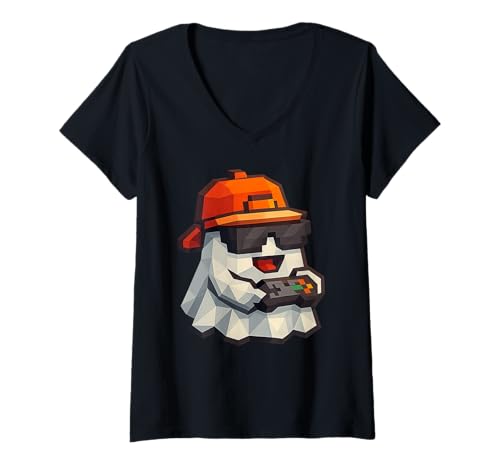 Damen Halloween Ghost Gamer Funny Video Gaming Lovers T-Shirt mit V-Ausschnitt Damen Halloween Ghost Gamer Funny Video Gaming Lovers T-Shirt mit V-Ausschnitt von Spooky Gamers