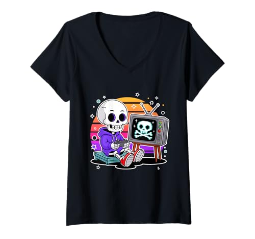 Damen Halloween Gamer Skelett Pixel-Schädel Retro Gaming T-Shirt mit V-Ausschnitt von Spooky Gaming Enthusiast Collection