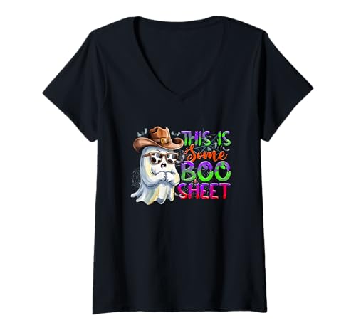 Damen Das ist EIN Boo Sheet Ghost Cowboy T-Shirt mit V-Ausschnitt von Spooky Ghost Cowboy Halloween Humor
