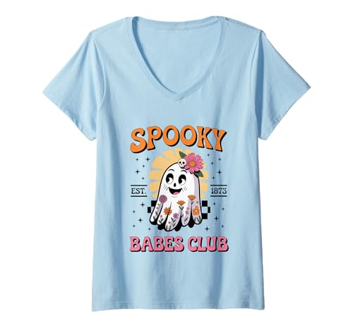 Damen Spooky Babes Club Ghost Blumenkunst T-Shirt mit V-Ausschnitt Damen Spooky Babes Club Ghost Blumenkunst T-Shirt mit V-Ausschnitt von Spooky Ghost Floral Halloween Fun