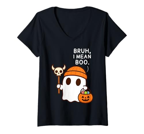 Damen Bruh, I Mean Boo Cute Ghost Funny Halloween Men Women Kids T-Shirt mit V-Ausschnitt Damen Bruh, I Mean Boo Cute Ghost Funny Halloween Men Women Kids T-Shirt mit V-Ausschnitt von Spooky Ghost Halloween Tees
