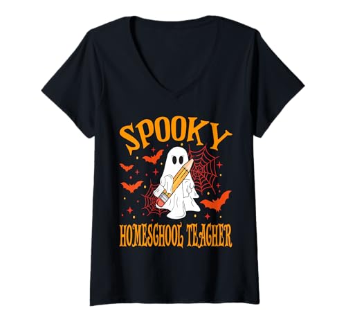 Damen Gruselige Homeschool Lehrer Geist Lustig Halloween Schule T-Shirt mit V-Ausschnitt Damen Gruselige Homeschool Lehrer Geist Lustig Halloween Schule T-Shirt mit V-Ausschnitt von Spooky Ghost Halloween for Teachers And Students