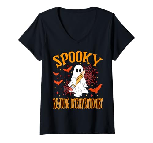 Damen Gruselige Lese-Interventionisten-Halloween-Schule T-Shirt mit V-Ausschnitt Damen Gruselige Lese-Interventionisten-Halloween-Schule T-Shirt mit V-Ausschnitt von Spooky Ghost Halloween for Teachers And Students