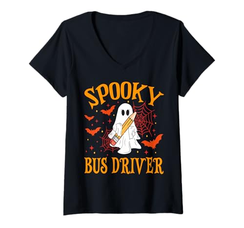 Damen Gruseliger Busfahrer Geist Lustig Halloween Schule Frauen T-Shirt mit V-Ausschnitt Damen Gruseliger Busfahrer Geist Lustig Halloween Schule Frauen T-Shirt mit V-Ausschnitt von Spooky Ghost Halloween for Teachers And Students