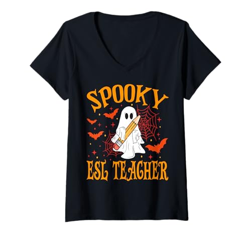 Damen Gruseliger ESL Teacher Ghost Lustiges Halloween-Schulmädchen T-Shirt mit V-Ausschnitt von Spooky Ghost Halloween for Teachers And Students