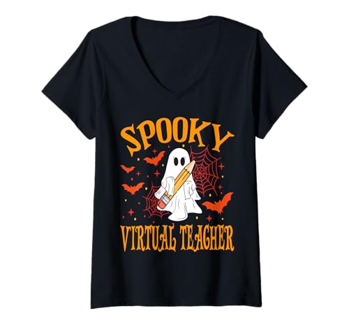 Damen Gruseliger virtueller Lehrer Geist Lustig Halloween Schule Frauen T-Shirt mit V-Ausschnitt Damen Gruseliger virtueller Lehrer Geist Lustig Halloween Schule Frauen T-Shirt mit V-Ausschnitt von Spooky Ghost Halloween for Teachers And Students