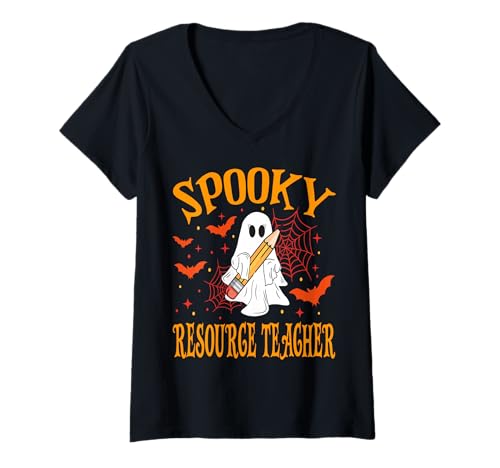Damen Spooky Resource Teacher Ghost Lustiges Halloween-Schulmädchen T-Shirt mit V-Ausschnitt von Spooky Ghost Halloween for Teachers And Students