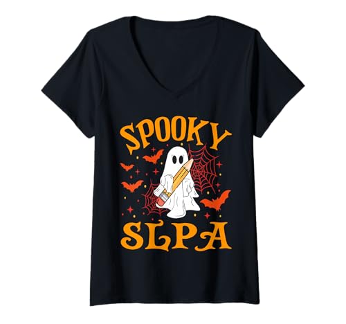 Damen Spooky SLPA Ghost Lustiges Halloween-Schulmädchen T-Shirt mit V-Ausschnitt Damen Spooky SLPA Ghost Lustiges Halloween-Schulmädchen T-Shirt mit V-Ausschnitt von Spooky Ghost Halloween for Teachers And Students