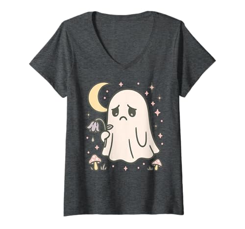 Damen Süßer trauriger Geist mit Pilzen unter Mond Halloween T-Shirt mit V-Ausschnitt Damen Süßer trauriger Geist mit Pilzen unter Mond Halloween T-Shirt mit V-Ausschnitt von Spooky Ghost Mushroom Forest Art