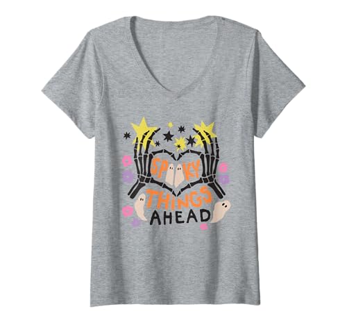 Damen Spooky Things Ahead Skelett Hände Sterne Geist Halloween T-Shirt mit V-Ausschnitt von Spooky Ghost Skeleton Halloween Graphic Shirt Co.
