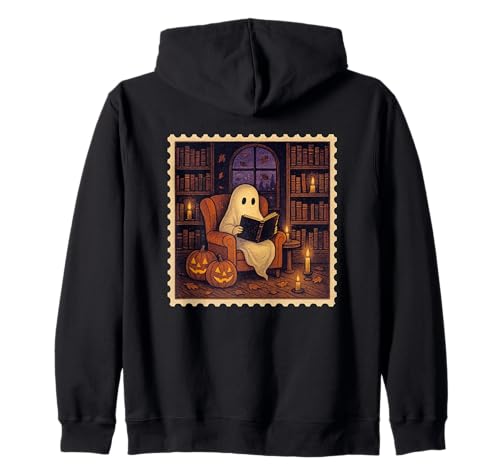 Gemütliches Geisterlesen mit Kürbissen und Kerzen Kapuzenjacke Gemütliches Geisterlesen mit Kürbissen und Kerzen Kapuzenjacke von Spooky Ghostly Halloween Library Vibes