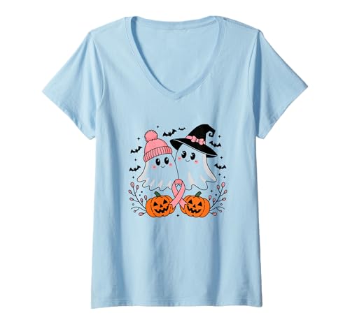 Damen Niedliche gruselige Geister rosa Schleife Halloween T-Shirt mit V-Ausschnitt Damen Niedliche gruselige Geister rosa Schleife Halloween T-Shirt mit V-Ausschnitt von Spooky Ghosts Halloween Pink Ribbon
